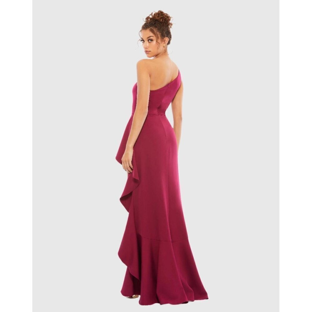 Mac Duggal Size 2 Berry 49089 One Shoulder Side Slit Ruffle Gown Dress  $358 New - Picture 5 of 12